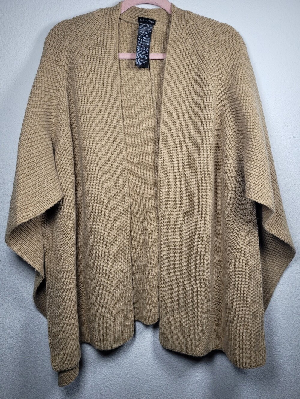 AllSaints Traveling Rib Knit Ruana Cape Camel Tan Wool Blend Poncho Cardigan O/S